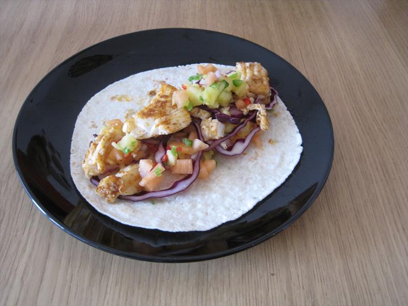 Fish taco with cantalope and pineapple salsa